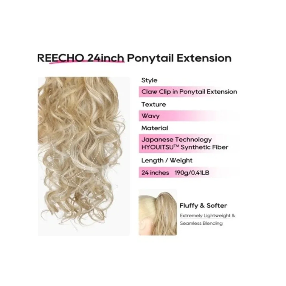 REECHO 24in Ponytail Extension Claw Clip Wavy Medium Blonde Highlights ZJ267